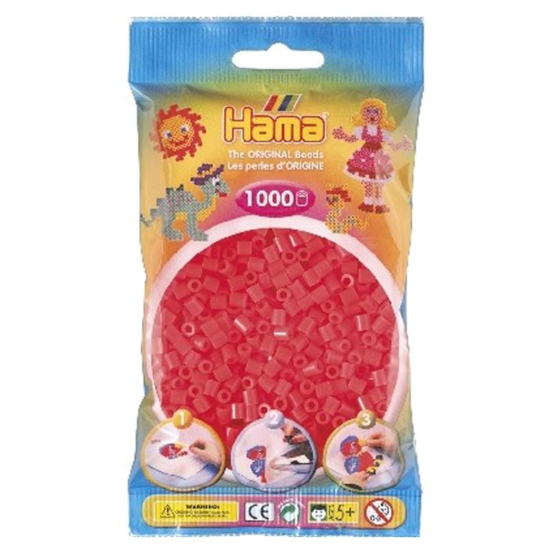 Hama perler 1000 stk neon rød transparent, frv 35